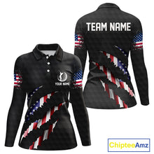 Load image into Gallery viewer, Personalized American Flag Women golf polo shirt, Custom Patriotic Golf Team Shirts For ladies| Black NQS10178