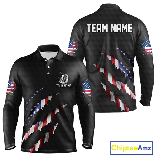 Personalized American Flag Men golf polo shirts, Custom Patriotic Golf Team Shirts For men | Black NQS10178
