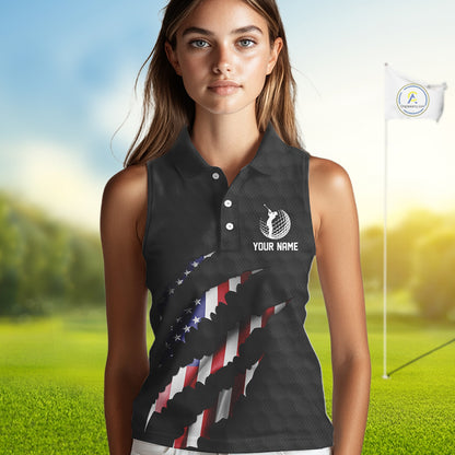 Personalized American Flag Women sleeveless polo shirt, Patriotic Golf Team Shirts For Ladies | Black NQS10178