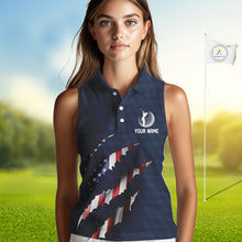 Load image into Gallery viewer, Personalized American Flag Women sleeveless polo shirt Patriotic Ladies Golf Team Shirt | Navy Blue NQS10179
