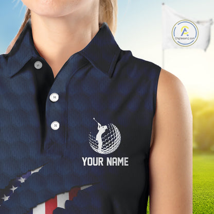 Personalized American Flag Women sleeveless polo shirt Patriotic Ladies Golf Team Shirt | Navy Blue NQS10179