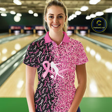 Load image into Gallery viewer, Pink glitter ribbon black Bowling Shirts For Women Custom Breast cancer bowling shirt gift for bowler NQS10180