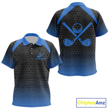 Load image into Gallery viewer, Kid golf polo shirts custom black and blue hexagon pattern golf outfits Kid, cool golf gifts NQS10317