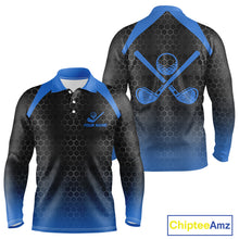 Load image into Gallery viewer, Mens golf polo shirts custom black and blue hexagon pattern golf outfits men, cool golf gifts NQS10317