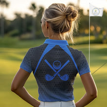 Load image into Gallery viewer, Women golf polo shirts custom black and blue hexagon pattern golf outfits ladies, cool golf gifts NQS10317