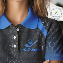 Load image into Gallery viewer, Women golf polo shirts custom black and blue hexagon pattern golf outfits ladies, cool golf gifts NQS10317