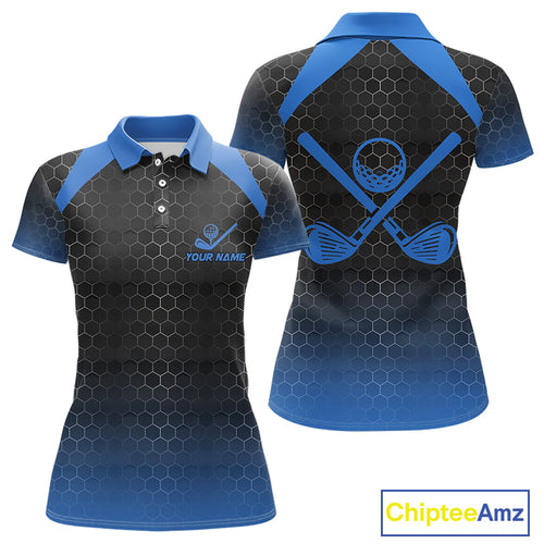 Women golf polo shirts custom black and blue hexagon pattern golf outfits ladies, cool golf gifts NQS10317