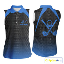 Load image into Gallery viewer, Women sleeveless polo shirt custom black and blue hexagon pattern golf outfits ladies, cool golf gift NQS10317