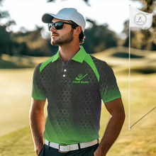 Load image into Gallery viewer, Mens golf polo shirts custom black and green hexagon pattern golf outfits men, cool golf gifts NQS10318