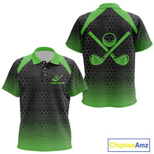Load image into Gallery viewer, Kid golf polo shirts custom black and green hexagon pattern golf outfits Kid, cool golf gifts NQS10318