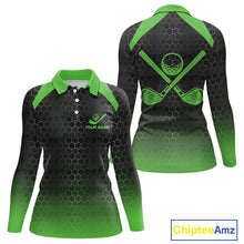 Load image into Gallery viewer, Women golf polo shirts custom black and green hexagon pattern golf outfits ladies, cool golf gifts NQS10318