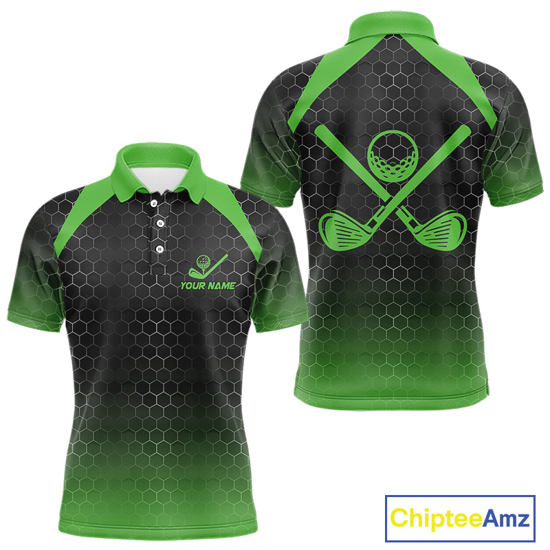 Mens golf polo shirts custom black and green hexagon pattern golf outfits men, cool golf gifts NQS10318