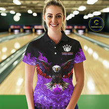 Load image into Gallery viewer, Purple Flame Smoke American Flag Eagle Skull Women Bowling Shirt Custom Patriotic Bowling Team Jersey NQS10525