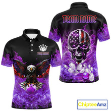 Load image into Gallery viewer, Purple Flame Smoke American Flag Eagle Skull Mens Bowling Shirts Custom Patriotic Bowling Team Jersey NQS10525