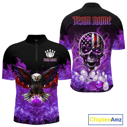 Purple Flame Smoke American Flag Eagle Skull Mens Bowling Shirts Custom Patriotic Bowling Team Jersey NQS10525