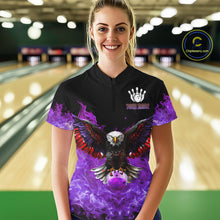 Load image into Gallery viewer, Purple Flame Smoke American Flag Eagle Skull Women Bowling Shirt Custom Patriotic Bowling Team Jersey NQS10525
