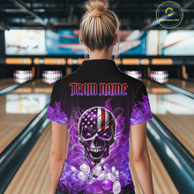 Load image into Gallery viewer, Purple Flame Smoke American Flag Eagle Skull Women Bowling Shirt Custom Patriotic Bowling Team Jersey NQS10525
