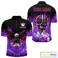 Load image into Gallery viewer, Purple Flame Smoke American Flag Eagle Skull Mens Bowling Shirts Custom Patriotic Bowling Team Jersey NQS10525