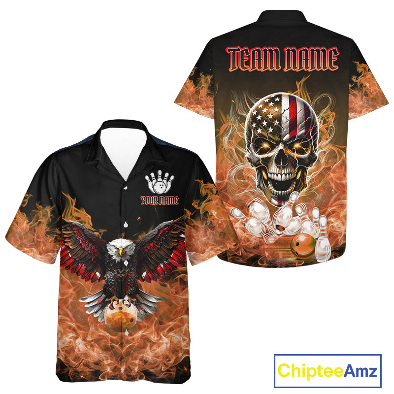 Orange Flame Smoke American Flag Eagle Skull Bowling Hawaiian shirt Custom Patriot Team Bowler Shirt NQS10526