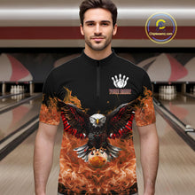 Load image into Gallery viewer, Orange Flame Smoke American Flag Eagle Skull Mens Bowling Shirts Custom Patriotic Bowling Team Jersey NQS10526