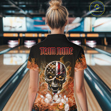 Load image into Gallery viewer, Orange Flame Smoke American Flag Eagle Skull Women Bowling Shirt Custom Patriotic Bowling Team Jersey NQS10526