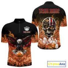 Load image into Gallery viewer, Orange Flame Smoke American Flag Eagle Skull Mens Bowling Shirts Custom Patriotic Bowling Team Jersey NQS10526