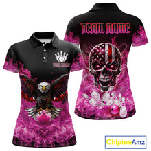 Load image into Gallery viewer, Pink Flame Smoke American Flag Eagle Skull Women Bowling Shirt Custom Patriotic Bowling Team Jersey NQS10527