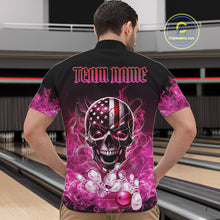 Load image into Gallery viewer, Pink Flame Smoke American Flag Eagle Skull Mens Bowling Shirts Custom Patriotic Bowling Team Jersey NQS10527