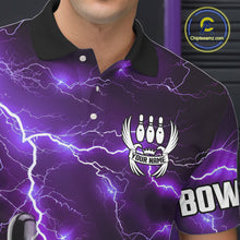 Load image into Gallery viewer, Purple Lightning Thunder Black Bowling Polo, 1/4 zip Shirt for Men custom storm bowling team jerseys NQS10528