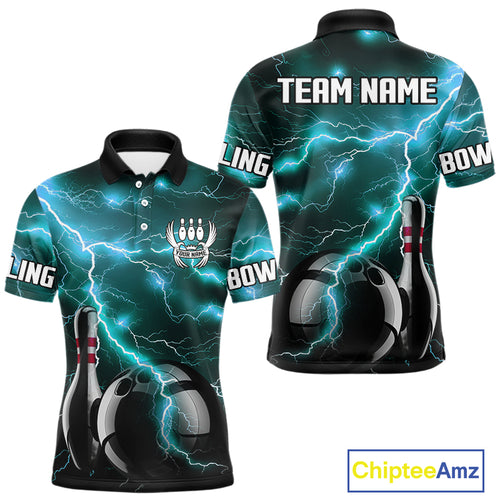 Cyan Blue Lightning Thunder Black Bowling Polo, 1/4 zip Shirt for Men custom bowling team jerseys NQS10529