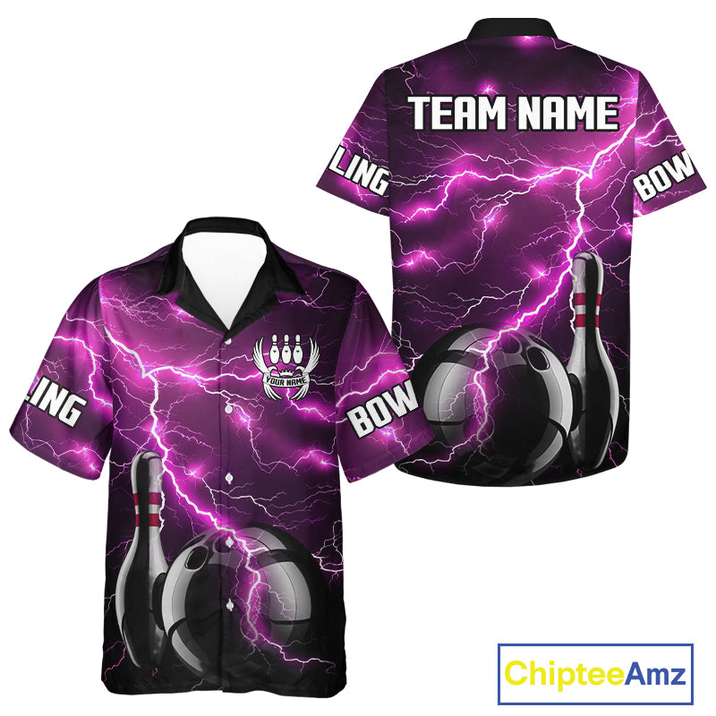Pink Lightning Thunder Black Bowling Hawaiian shirts custom bowling team button up shirt NQS10530
