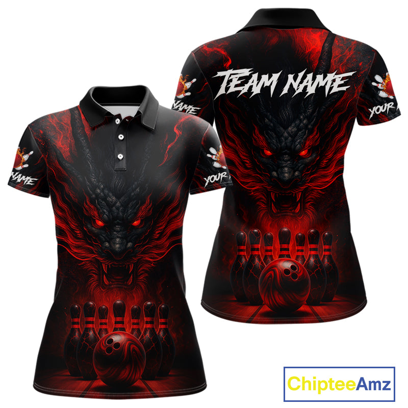 Black And Red Dragon Bowling Shirts For Women Custom Dragon Bowling League Shirts Outfits NQS10948