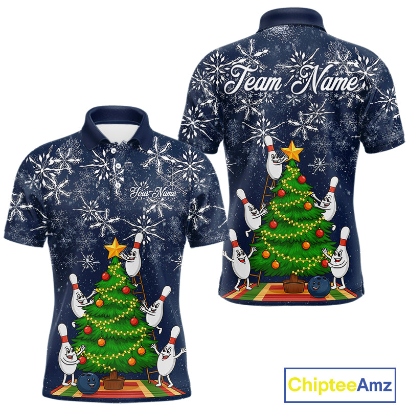 Funny Christmas Tree snowflake Bowling shirts for men Custom Xmas Bowling Outfits Men | Navy NQS10951