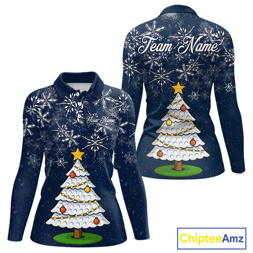 Funny Christmas Tree snowflake Women Golf Polo shirts Custom ladies Christmas golf shirts | Blue Navy NQS10952