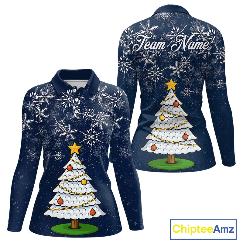 Funny Christmas Tree snowflake Women Golf Polo shirts Custom ladies Christmas golf shirts | Blue Navy NQS10952