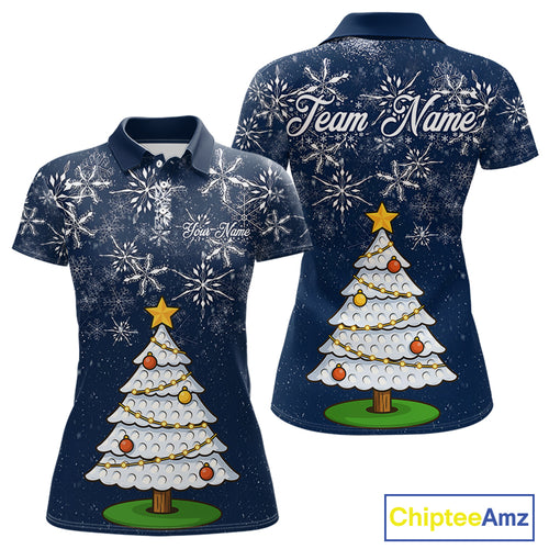 Funny Christmas Tree snowflake Women Golf Polo shirts Custom ladies Christmas golf shirts | Blue Navy NQS10952