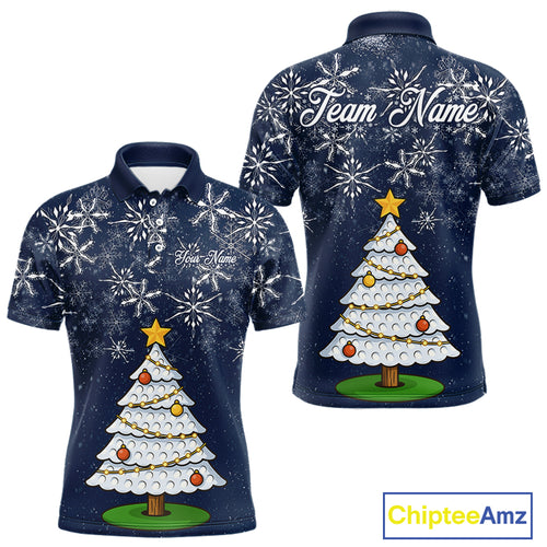 Funny Christmas Tree snowflake Mens Golf Polo shirts Custom mens christmas golf shirts | Blue Navy NQS10952