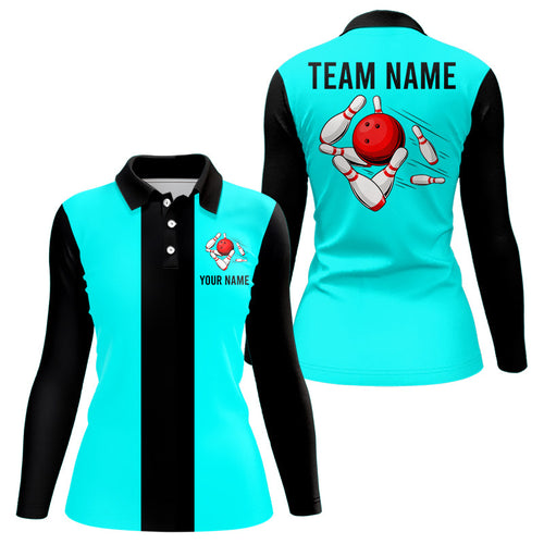 Personalized Cyan Blue and Black Retro Bowling Shirts For Women custom vintage bowling team jerseys NQS9046