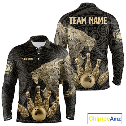 Black and Gold Lion Tribal Bowling Polo, 1/4 Zip Shirts For Men Custom Retro Bowling Team Jerseys NQS11149