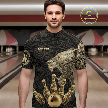 Black and Gold Lion Tribal Bowling Polo, 1/4 Zip Shirts For Men Custom Retro Bowling Team Jerseys NQS11149