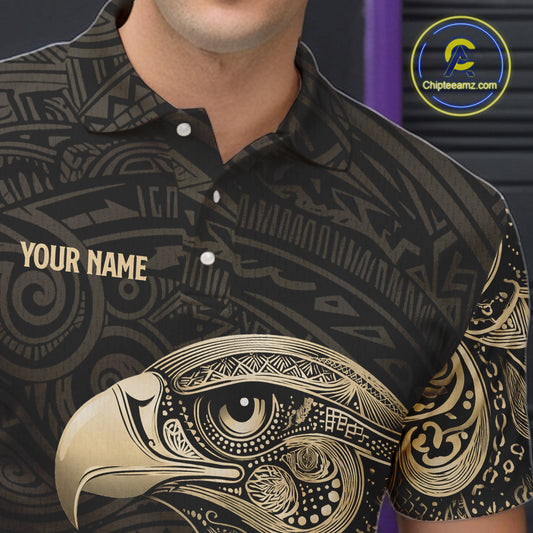 Black and Gold Eagle Tribal Bowling Polo, 1/4 Zip Shirts For Men Custom Retro Bowling Team Jerseys NQS11150
