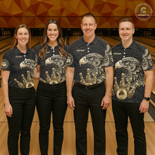 Load image into Gallery viewer, Black and Gold Eagle Tribal Bowling Polo, 1/4 Zip Shirts For Women Custom Retro Bowling Team Jerseys NQS11150