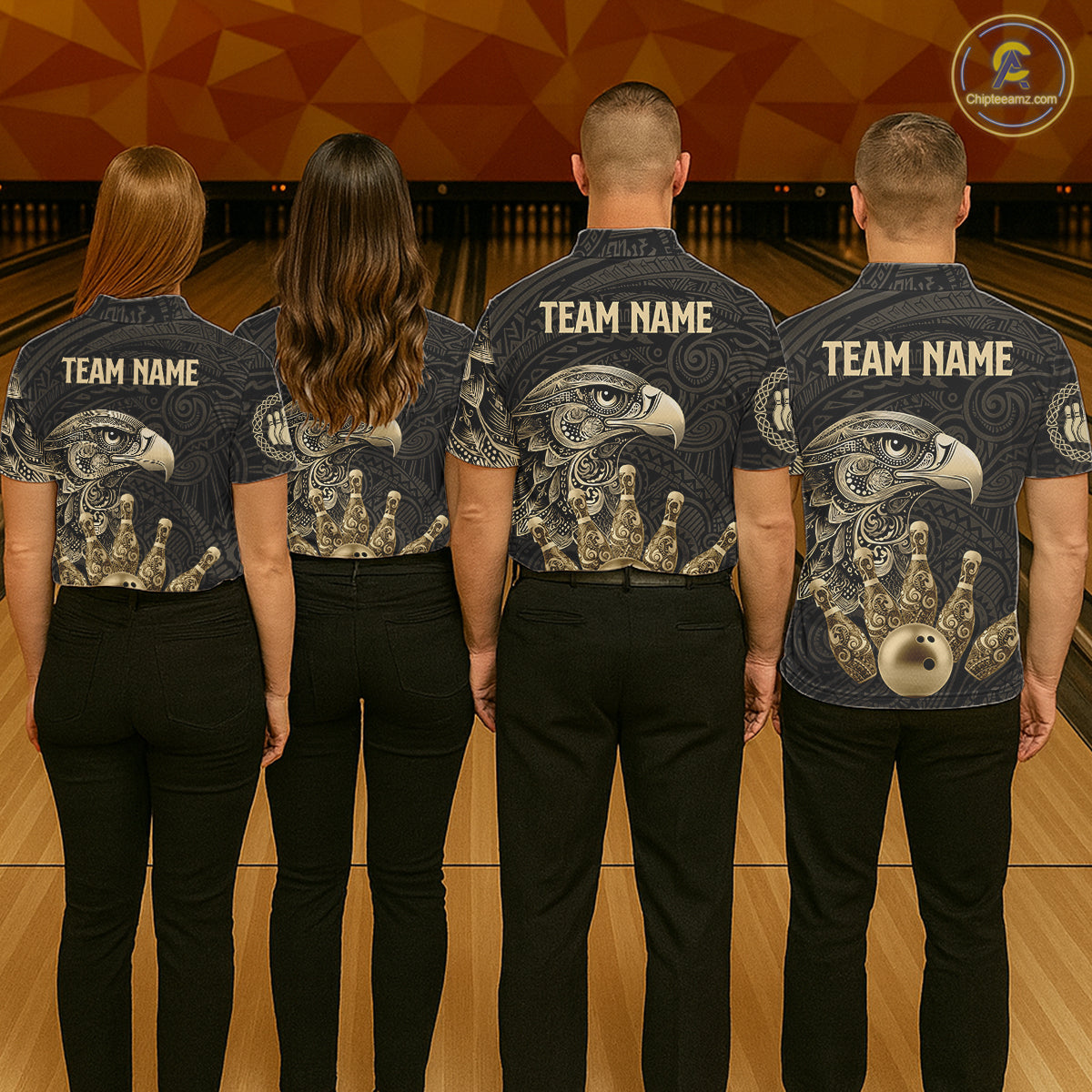 Black and Gold Eagle Tribal Bowling Polo, 1/4 Zip Shirts For Men Custom Retro Bowling Team Jerseys NQS11150