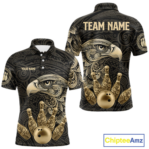 Black and Gold Eagle Tribal Bowling Polo, 1/4 Zip Shirts For Men Custom Retro Bowling Team Jerseys NQS11150