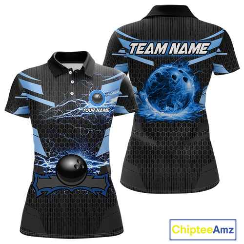 Black and Blue Lightning Thunder Bowling Shirts For Women Custom Bowling Team Jersey, Gift For Bowler NQS11140