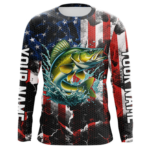 Walleye fishing black American flag Custom UV protection performance long sleeve fishing jerseys NQS9277
