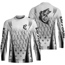 Load image into Gallery viewer, Black and white Largemouth Bass fishing scales Custom performance long sleeve Bass fishing shirts NQS7361