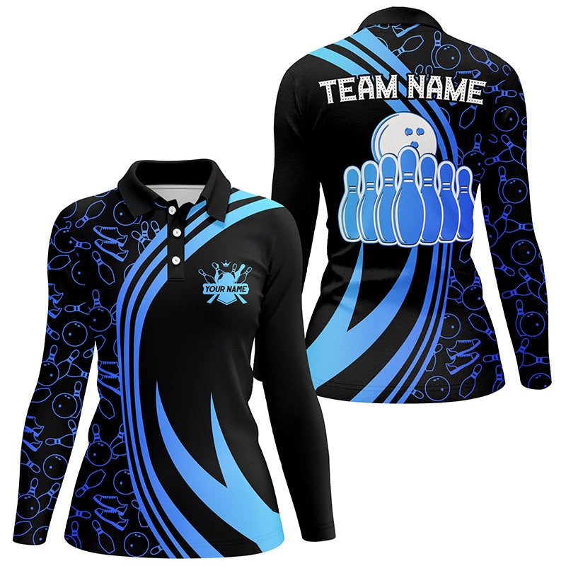 Black Women bowling shirts Custom Blue neon team league bowling jerseys, gifts for bowlers NQS7537