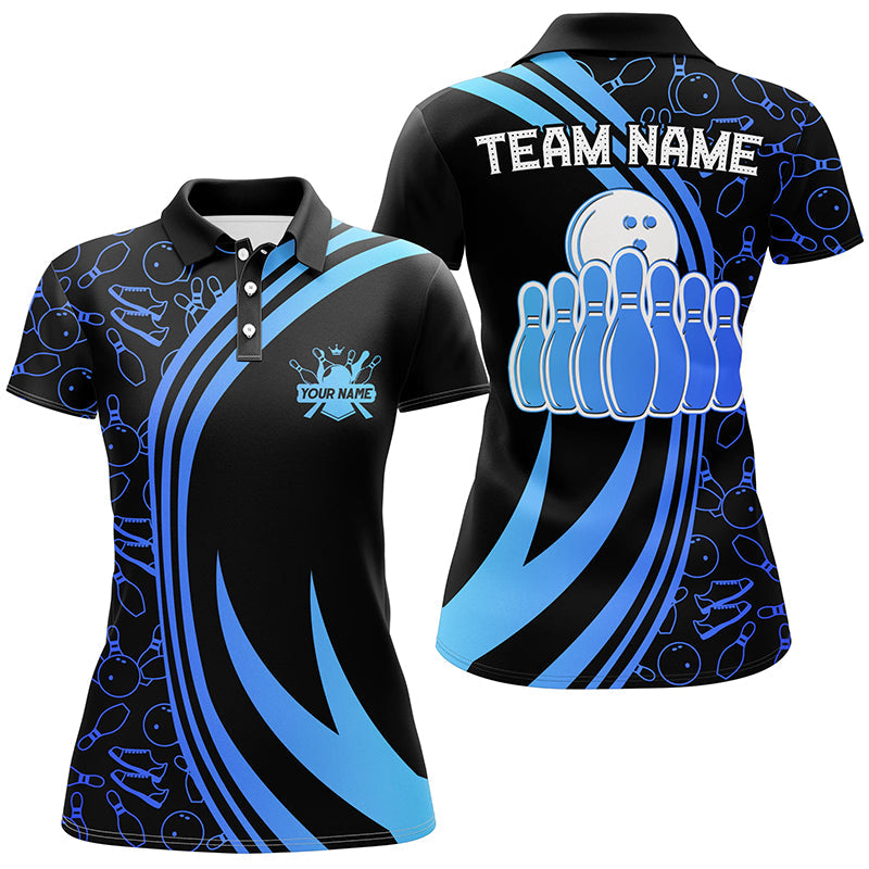 Black Women bowling shirts Custom Blue neon team league bowling jerseys, gifts for bowlers NQS7537