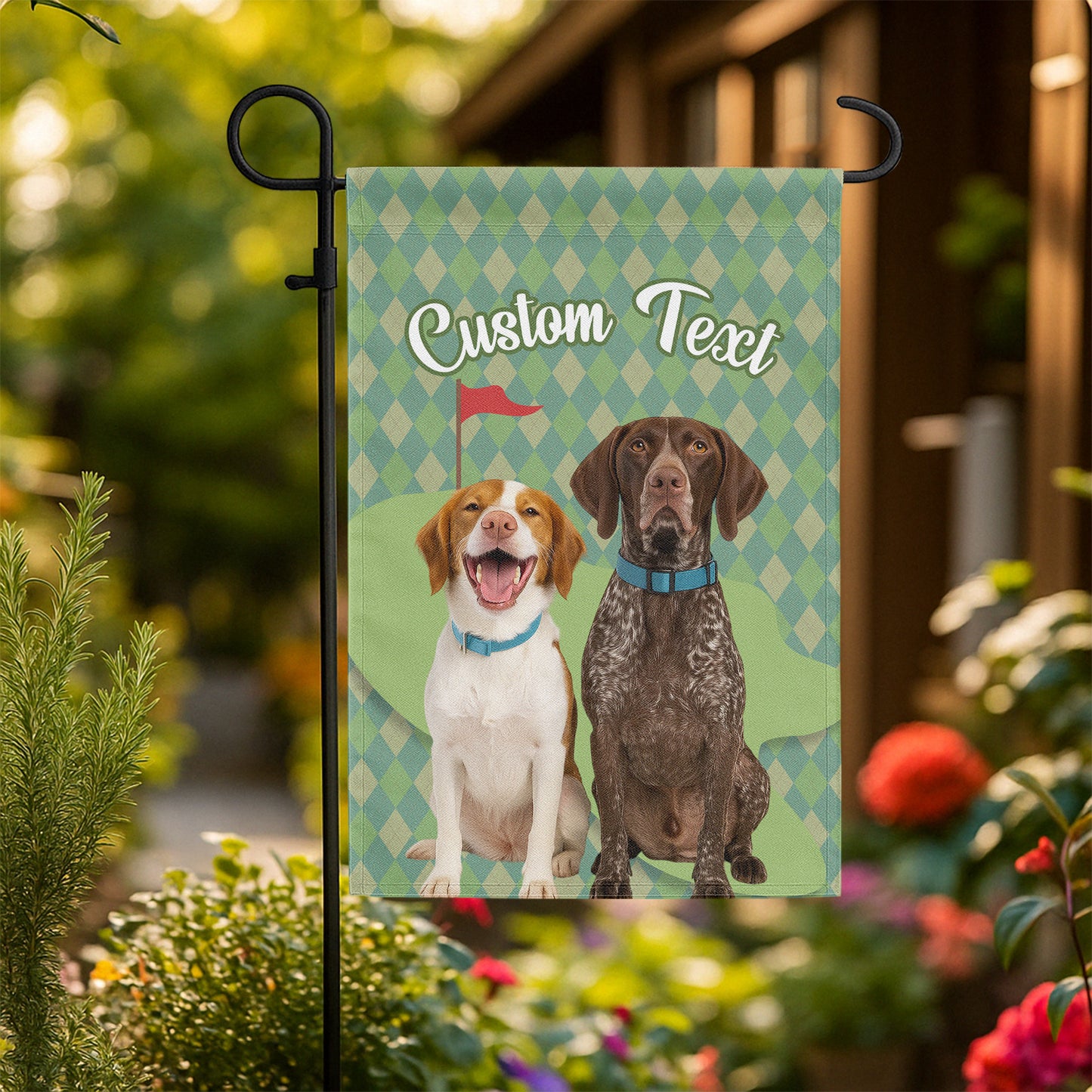 Custom text and pet photo green argyle pattern golf Garden Flag, Personalized Golfing Gift NQS9905